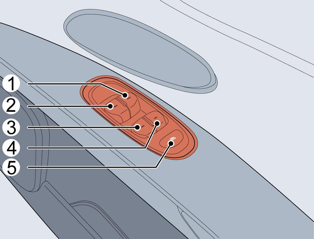 Diagram showing: Front Right Window Switch, Front Left Window Switch, Rear Left Window Switch, Rear Right Window Switch, Rear Window Isolation Switch
