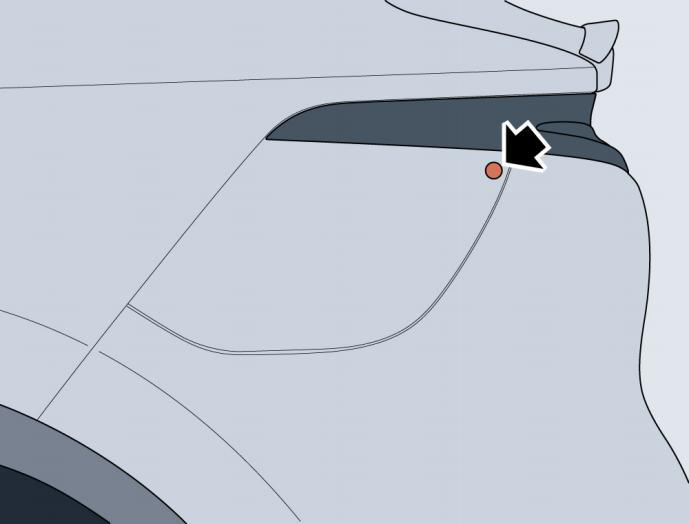 Diagram showing: The charging port door can be opened by pressing the charge port door in the 3D image displayed on the central screen. When the charging port door is open, the slow charging port and fast charging port are visible. Note: If the charging port door is frozen and cannot open automatically, it will be necessary to manually break the ice or open the door after the ice melts. Do not attempt to open the door using force, this will cause damage. Note: Do not wash with the charging port door open. Note: When the battery is low or disconnected, do not frequently open and close the charging port door manually to avoid damaging the internal mechanism. Note: Do not directly spray high pressure water onto the charge port or door. Note: The vehicle charging port is provided with a waterproof cover. Please install the waterproof cover in place after the completion of charge. Charging port door opening in emergency With the vehicle unlocked, if the charging port door cannot be opened normally when it is pressed, you can open it by pulling emergency charge door opening cable. To gain access to the cable, remove the access port trim cover panel on the left side of the loadspace to expose the looped handle of charging port door release (pull ring - orange).
