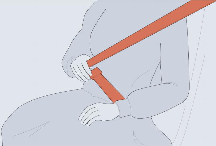 Diagram showing: Insert the metal tab into the buckle until you hear a "click", this indicates the seat belt is securely locked.