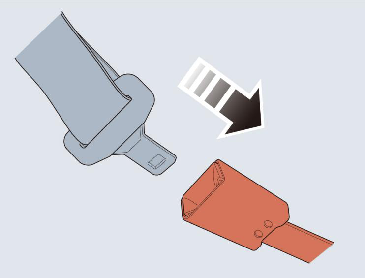 Diagram showing: Pull the shoulder belt upward and tighten up the lap belt., To release the seat belt, press the red button on the buckle, and the metal tab of the seat belt will automatically pop out. When the seat belt is released, the seat belt will automatically retract to its original position.