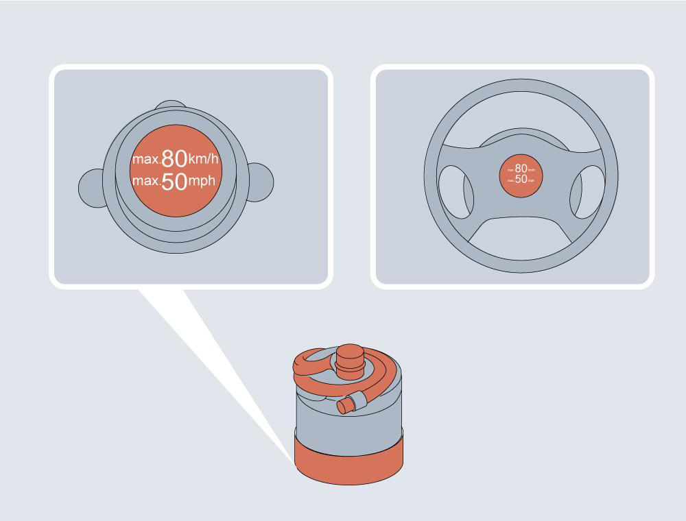 Diagram showing: Remove the label from the bottom of the repair liquid bottle and affix it to the car's steering wheel as a reminder to the driver not to exceed a speed of 50 mph (80 km/h) while driving.