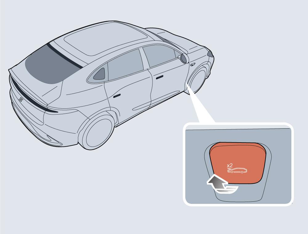 Diagram showing: Pull the bonnet opening handle inside the vehicle twice consecutively to unlock the bonnet.
